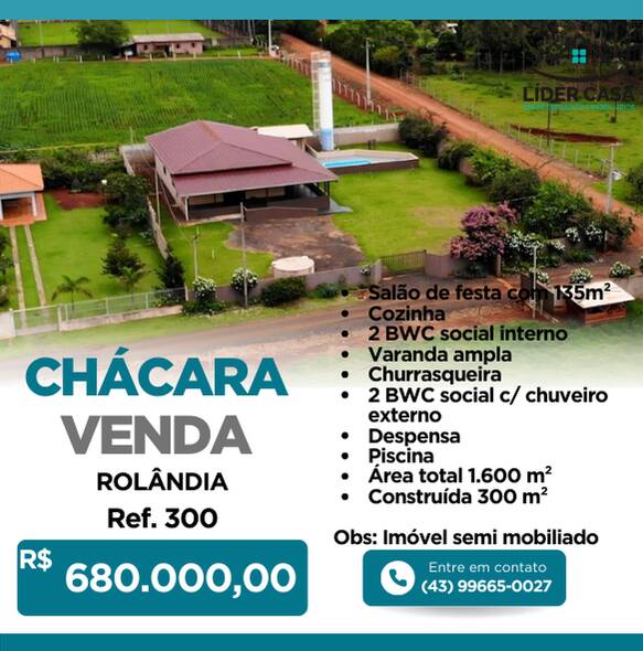 #300 - Chácara para Venda em Rolândia - PR