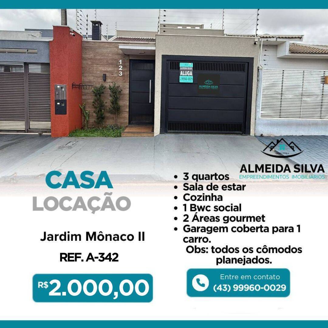 #A-342 - Casa para Locação em Arapongas - PR