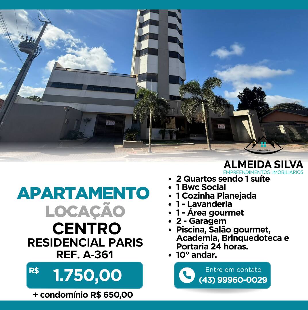 #REF. A-361 - Apartamento para Locação em Arapongas - PR