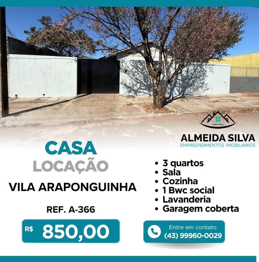 #REF. A-366 - Casa para Locação em Arapongas - PR