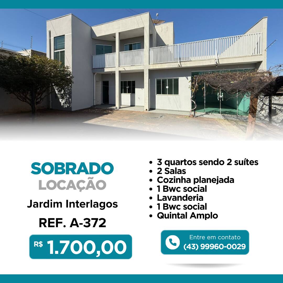 #REF. A-372 - Sobrado para Locação em Arapongas - PR