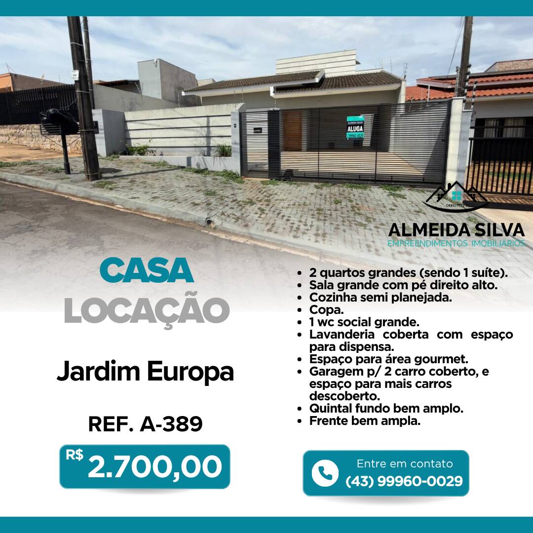 #A-389 - Casa para Locação em Arapongas - PR