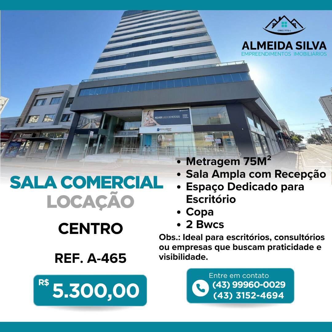 #A-465 - Sala para Locação em Arapongas - PR