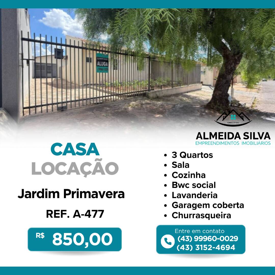 #A-477 - Casa para Locação em Arapongas - PR