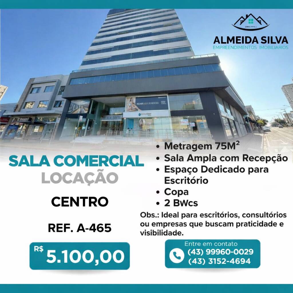 #A-465 - Sala para Locação em Arapongas - PR