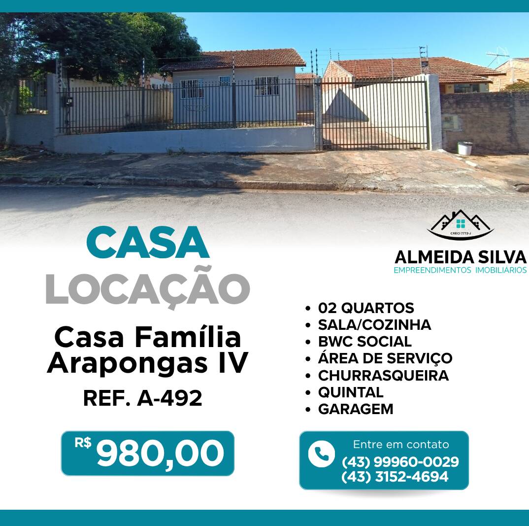 #A-492 - Casa para Locação em Arapongas - PR