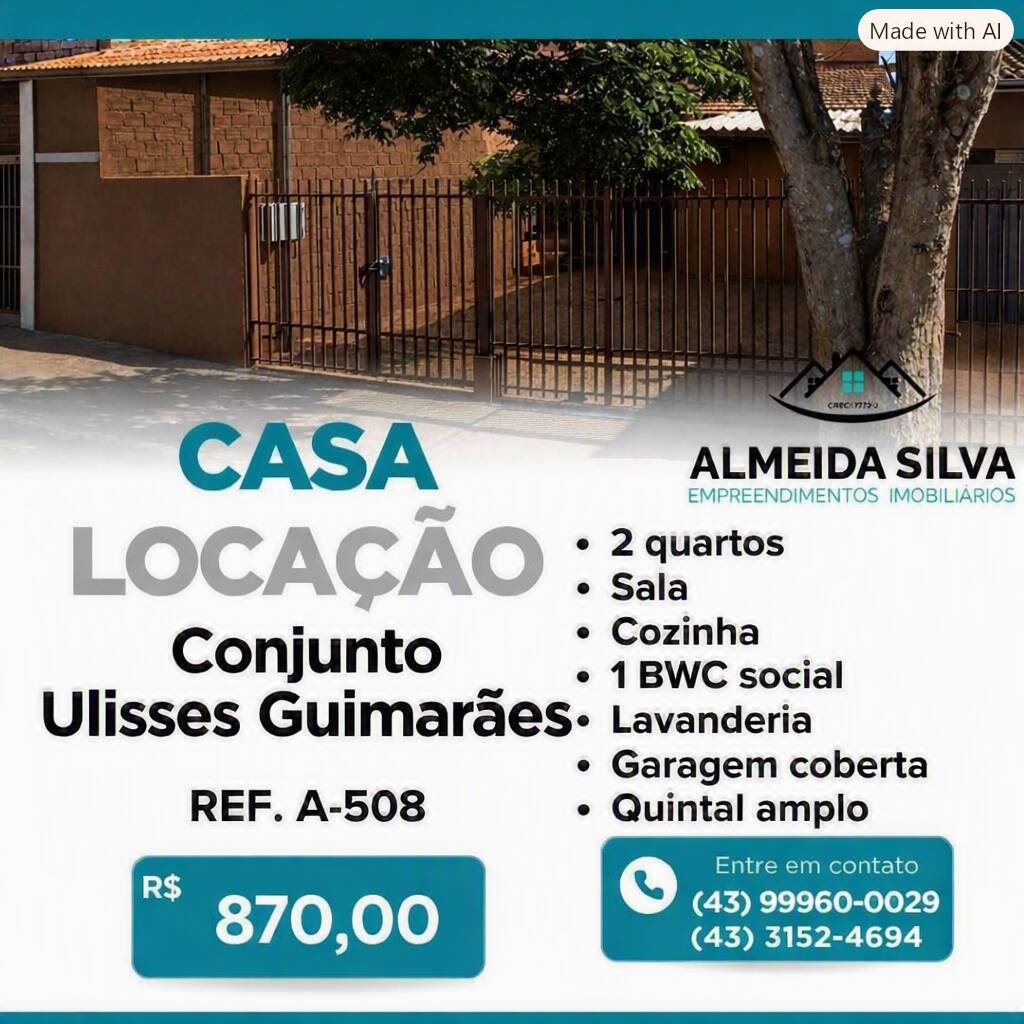 #A-508 - Casa para Locação em Arapongas - PR