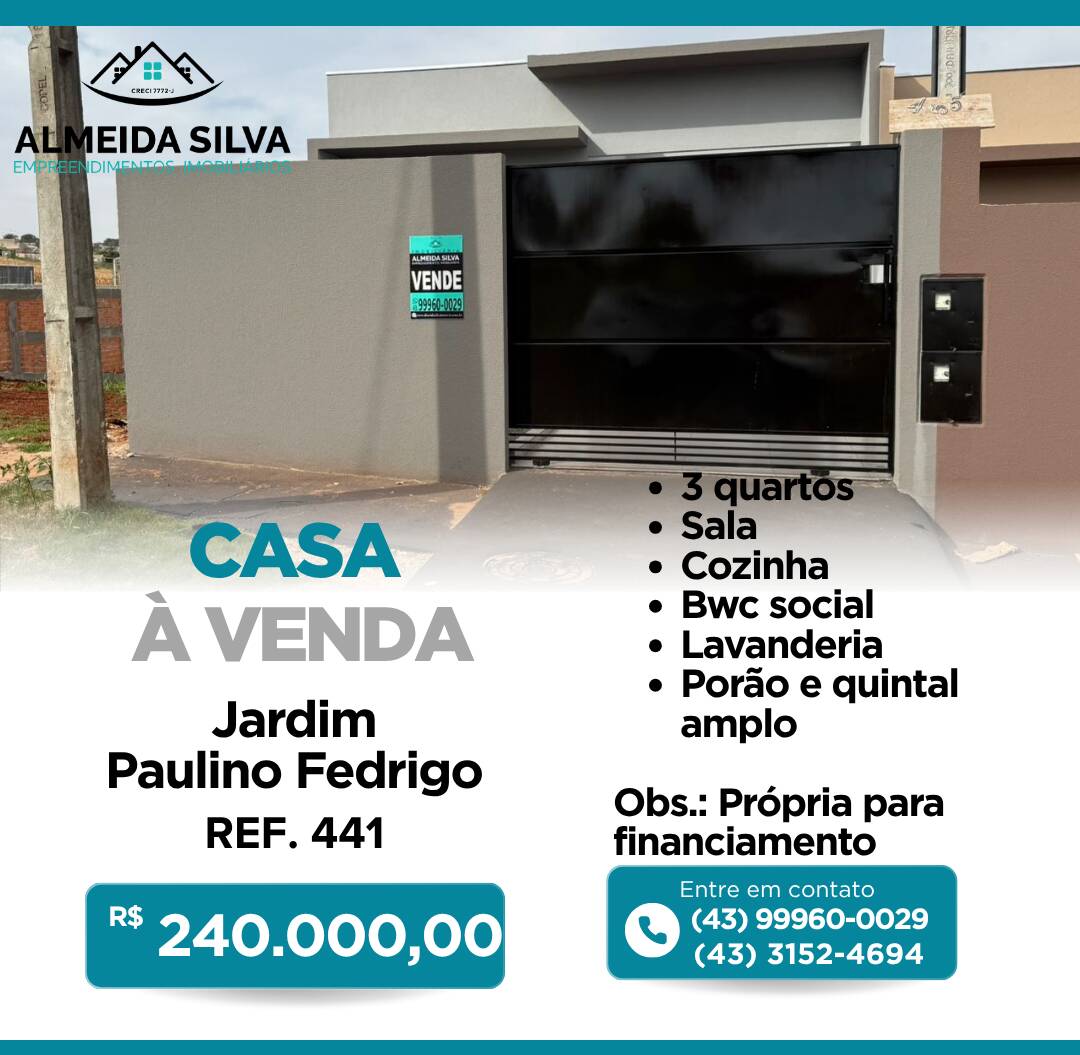 #REF. 441 - Casa para Venda em Arapongas - PR