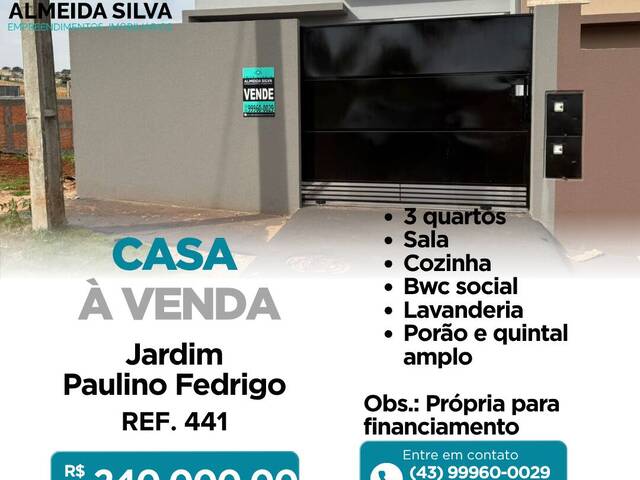 #REF. 441 - Casa para Venda em Arapongas - PR - 1